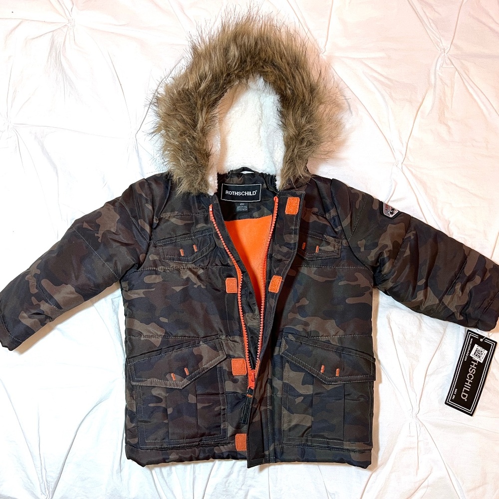 Toddler parka w faux fur hood, camo, 12M, brand new